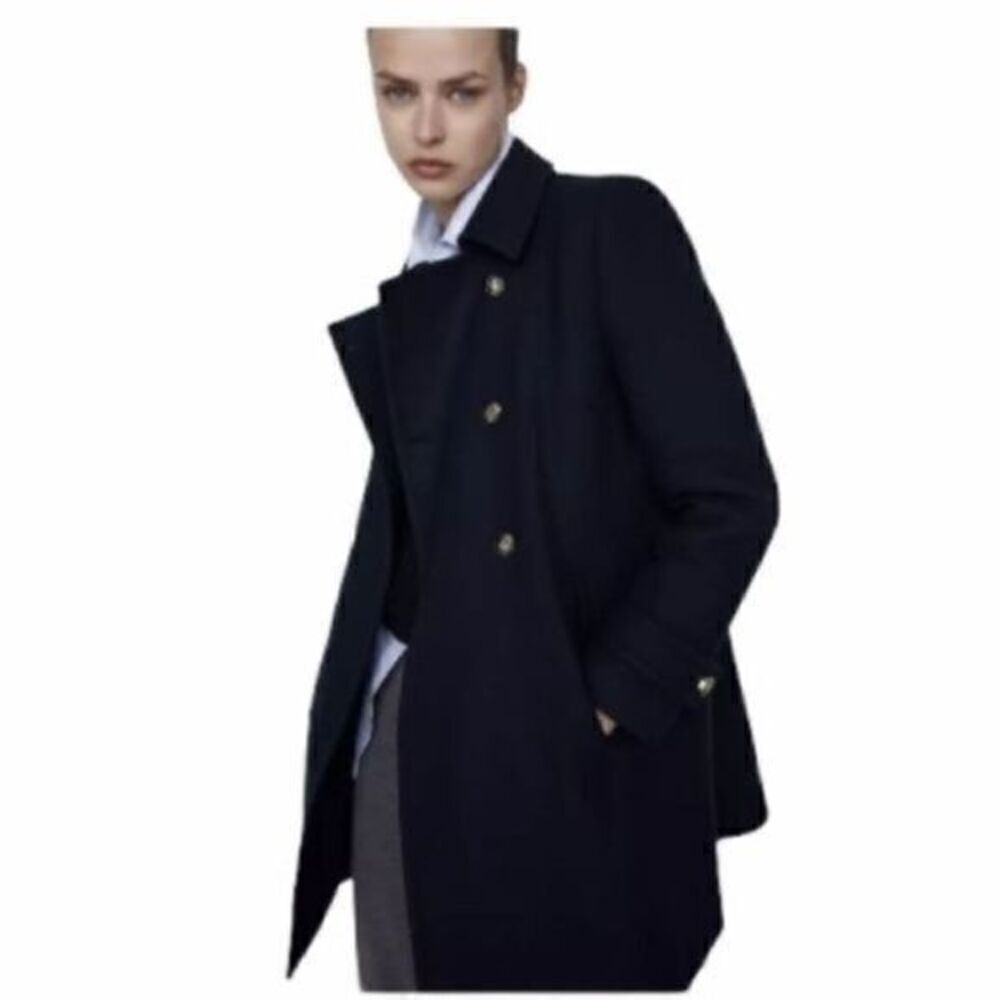 Zara Navy Blue Wool Blend Double Breasted Pea Coat Small